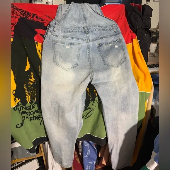 Distressed Light Blue Denim Overalls - Picture 5 of 6